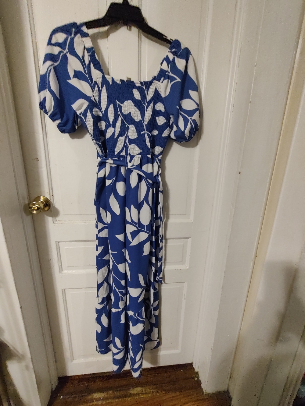 Blue & White Leaf Print Smocked Midi Jumpsuit